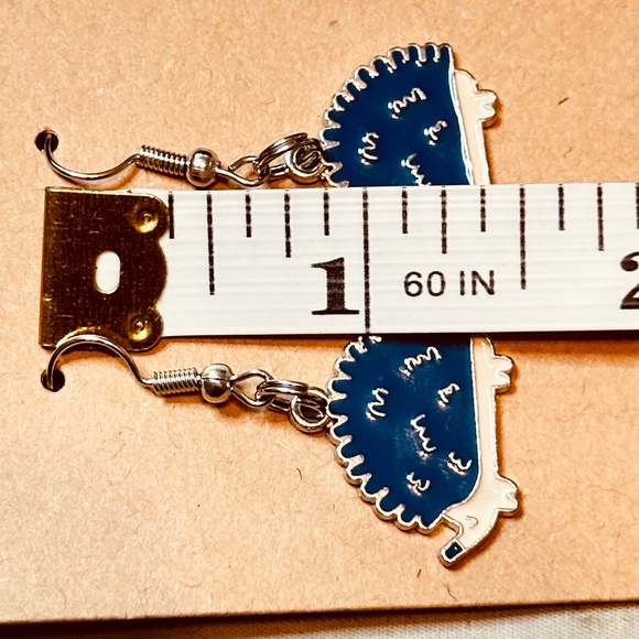 Stainless Steel Earring Hooks Dangle Dark Blue Cream & Silver Hedgehog Handmade - Picture 6 of 7